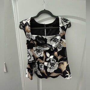 White House Black Market Black and Cream Floral Blouse